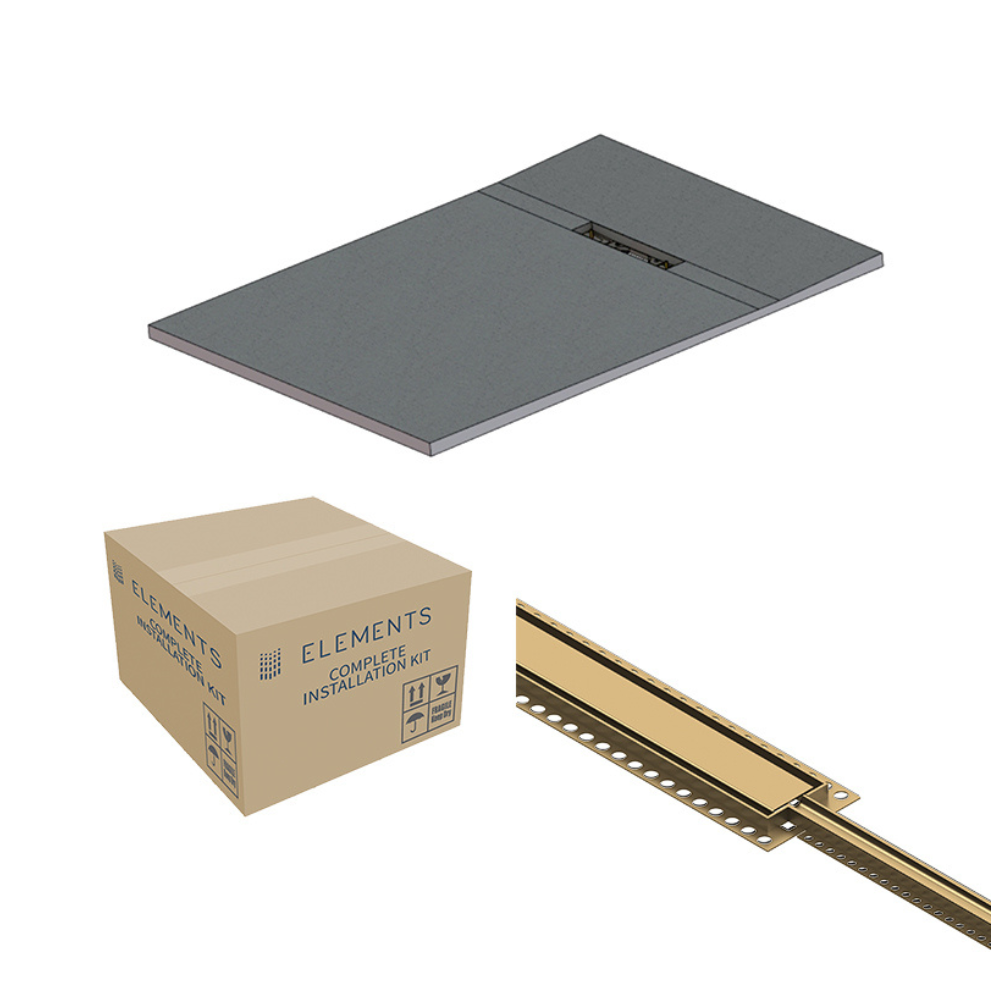 Cut out image of the Abacus Elements Linear Uno 1200mm x 900mm Brushed Brass End Drain Wetroom Former Kit